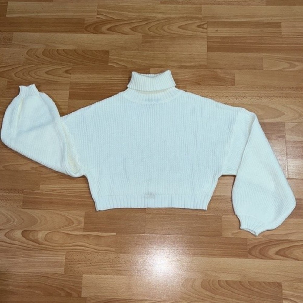ZAFUL Cropped Turtleneck Lantern Sleeve Ribbed Knit Pullover Sweater